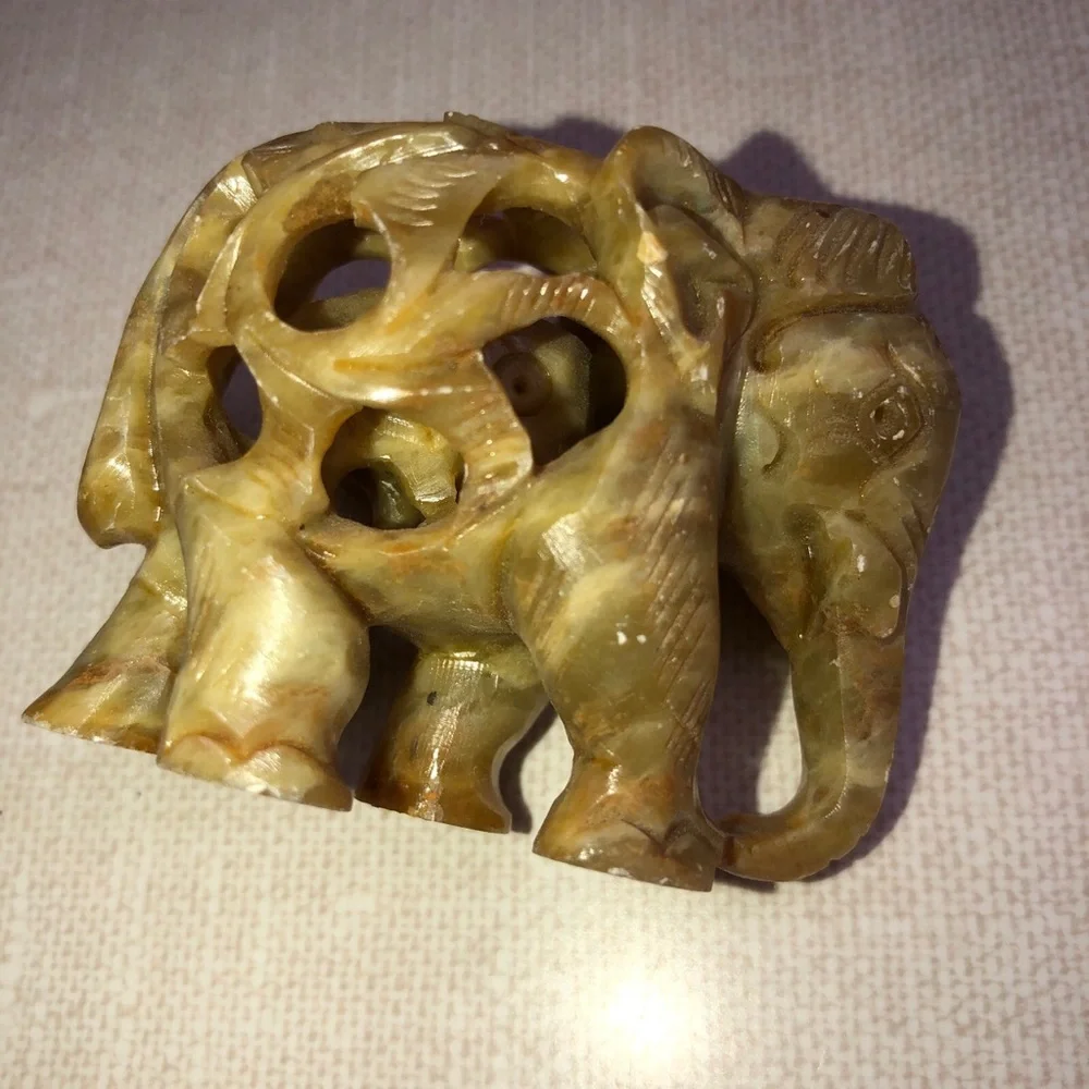 Carved Soapstone Elephant Calf Elephant Inside Detailed Scroll‎ Work Vines